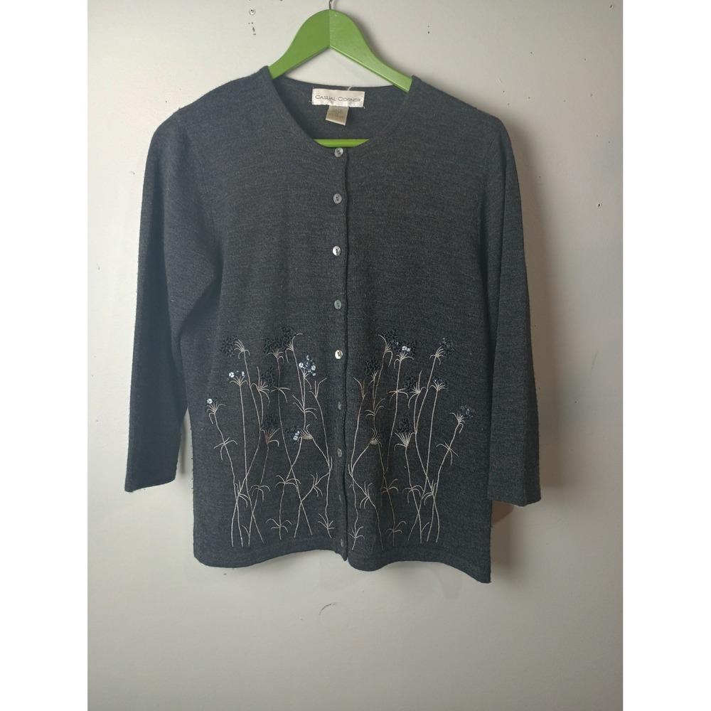 Casual Corner Vintage Gray Wool Blend Floral Embroidered Sequin Cardigan XL